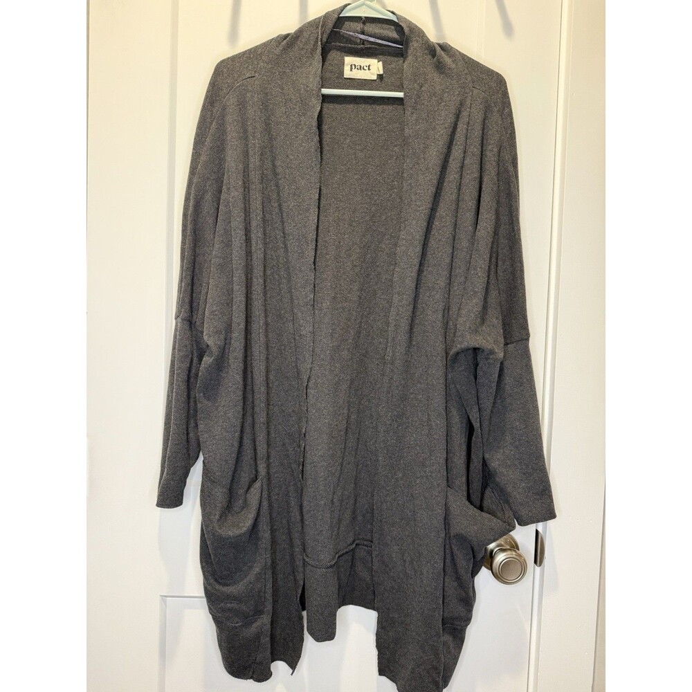 Pact Cardigan Womens Large/XL Gray Long Line Open Pockets Organic Cotton Beachy